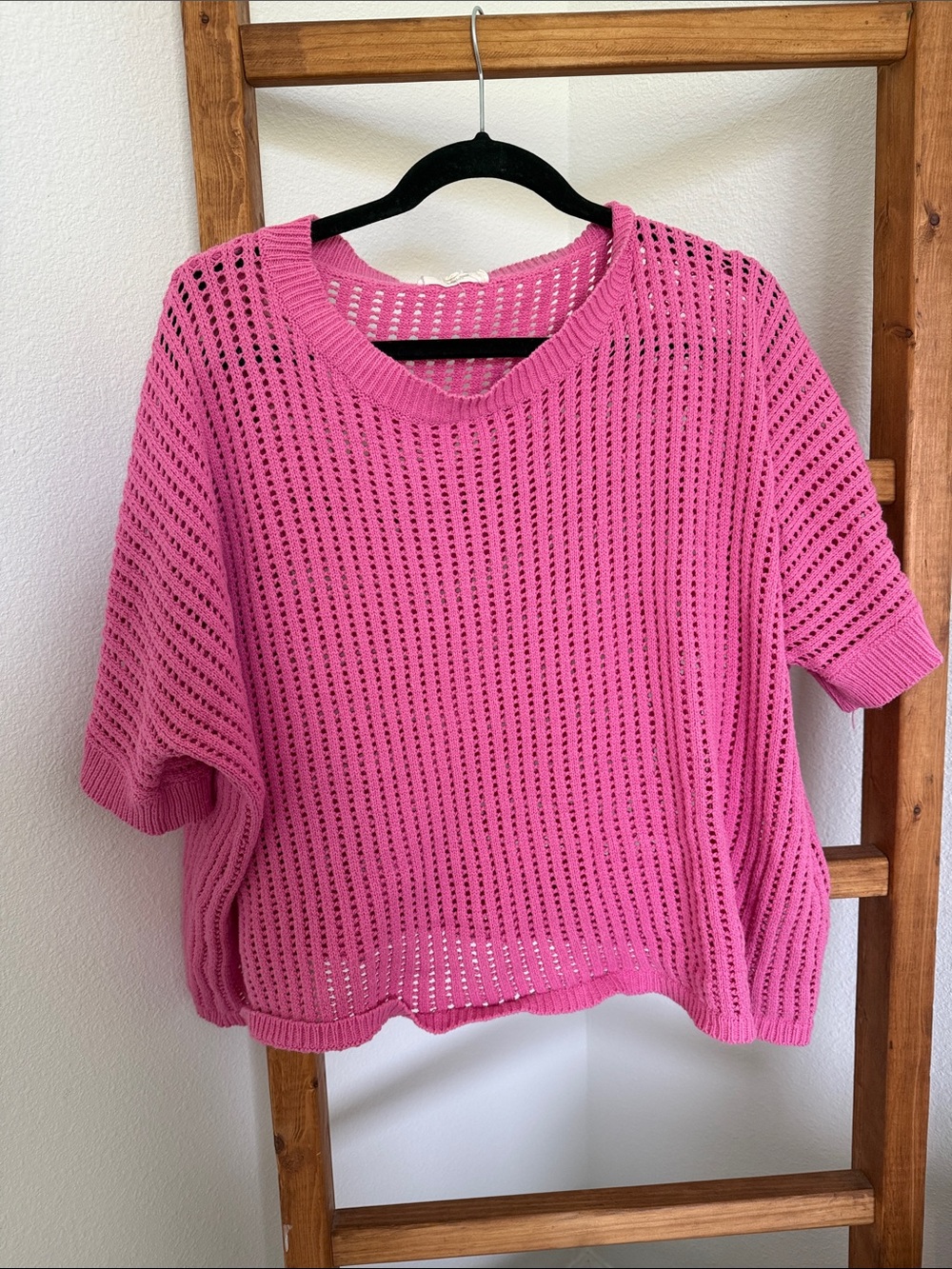 entro Bright Pink Open-Weave Crewneck Sweater